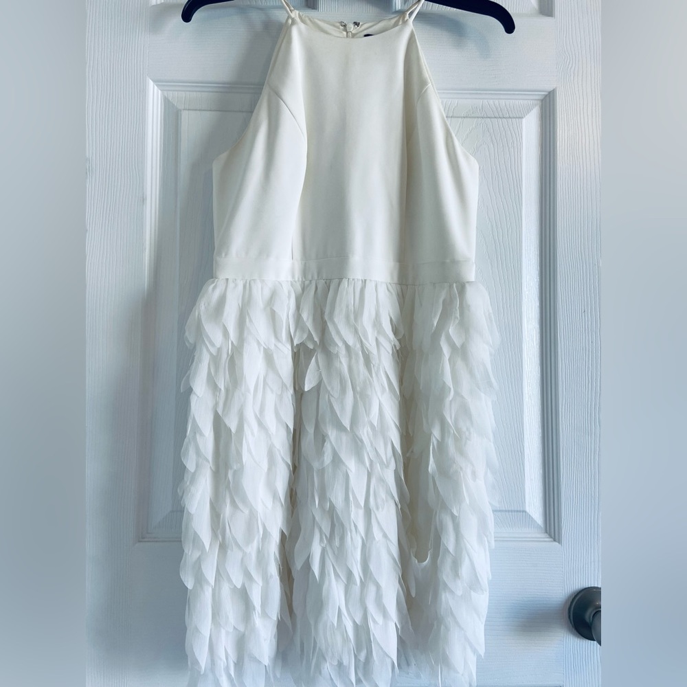 Aidan Mattox Halter Tiered Feather Trim White Cocktail Dress Size 4